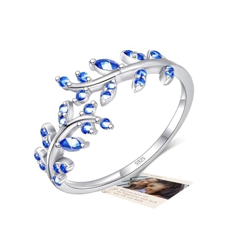 Image of Blue and Silver Thumb Rings for Women - Olive Leaf Wrap Around Open Sterling Silver Adjustable Ring With Cubic Zirconia - Jewellery Gifts for Girls