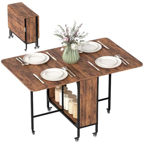 Image of HOMCOM Mobile Drop Leaf Table, Folding Dining Table with 6 Wheels & Storage Shelf for Small Spaces, Kitchen, Dining Room, Rustic Brown