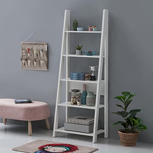 Image of Timber Art Design UK Riva 5 Tier Bookcase Open Ladder Shelf Retro Contemporary Organizer Display Shelving Unit for Modern Living Room, Office Space Scandinavian, White - W64cm x H175.4cm x D36.7cm