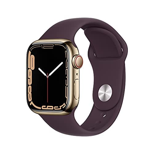 Image of Apple Watch Series 7 (GPS + Cellular, 41mm) - Gold Stainless Steel Case with Dark Cherry Sport Band (Renewed)