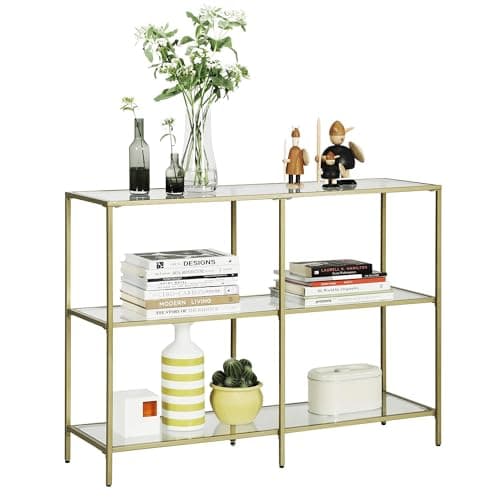 Image of VASAGLE Console Table, Entryway Cabinet, 3 Tier Shelf, Tempered Glass, 100 x 30 x 73 cm, Metal Frame, Modern Style, Hallway, Living Room, Bedroom, Gold LGT27G