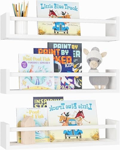 Image of Nursery Book Shelves, 16.5 Inch Floating Book Shelves for Wall Set of 3, Baby Nursery Decor, Solid Wood Wall Mounted Shelves for Children's Room, Bedroom,Bathroom,Kitchen,and More (Natural White)