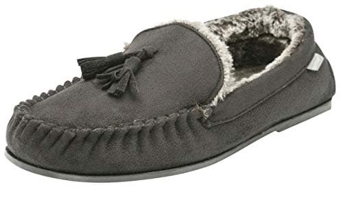 Image of DUNLOP Mens Duke Moccasin Slippers Loafers Faux Suede Soft Faux Fur Lining with Outdoor Sole (10 UK, Grey) …
