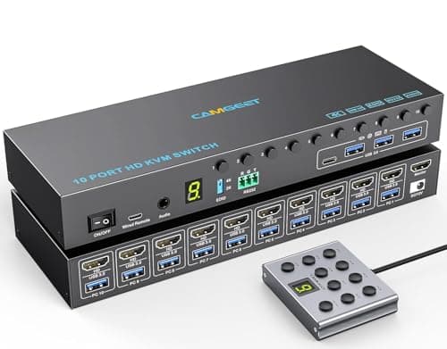 Image of Camgeet KVM Switch HDMI 10 Ports 4K@60Hz EDID Simulation, 10 in 1 out USB HDMI KVM Switches for 10 Computers Share 1 Monitor and 4 USB 3.0 Ports, with Audio RS232/Wired Remote/12V Power/USB 3.0 Cables