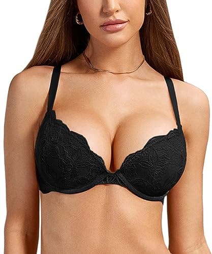 Image of DOBREVA Women's Push Up Lace Bra Sexy Plunge Padded Underwire Support Bras Lift Up Black 36B