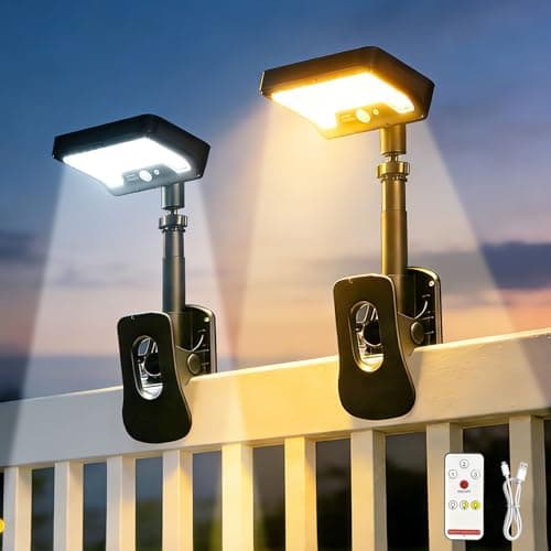 Image of INDARUN Clip On Solar Powered Motion Sensor Security Lights Outdoor, Dual Charging Fence Light with Remote, Tri-Color & 92 LED Waterproof Wall Light for Garage, Driveway, Patio, Camping, 2 Packs