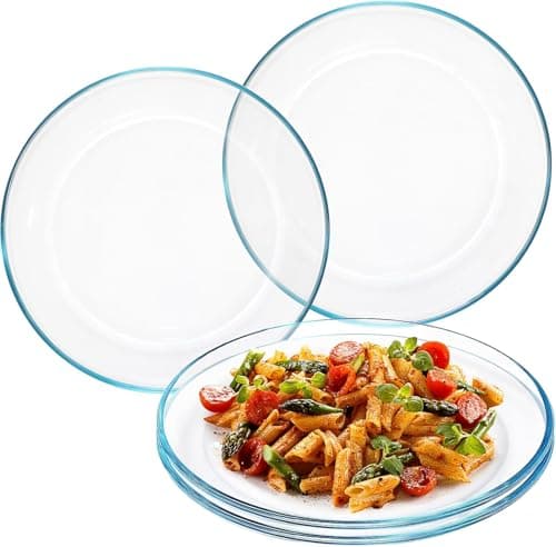 Image of HFZCV 4 Pack Glass Plates, 25cm Clear Tempered Glass Small Dinner Plates Heat Resistant Pasta Plates, Microwave Safe & Dishwasher Safe
