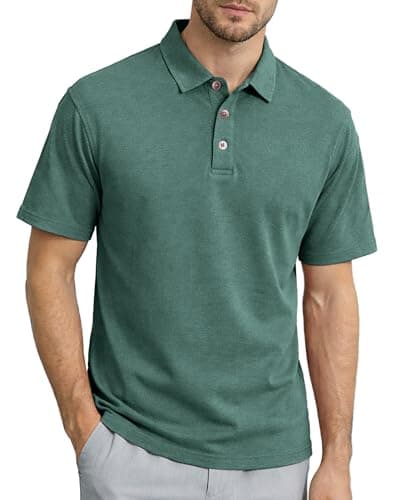 Image of KUYIGO Men's Washed Polo Top, Short Sleeve Loose Fit Collared Polo Shirt for Casual Summer Wear XL Green