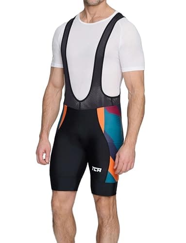 Image of TCA Padded Cycling Bib Shorts Men's – Bib Shorts Cycling Men with Side Pockets – Quick Dry Bike Clothing for Road, Gravel & MTB - Orange Graphic, L