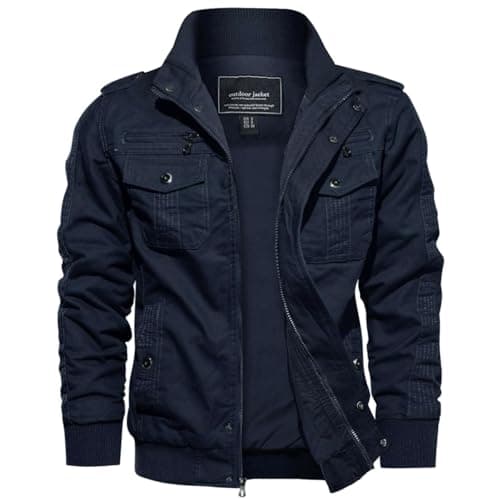 Image of EKLENTSON Jackets for Men Casual Windbreaker Cotton Military Jacket Outwear Coat Zipper Pockets Navy,XXL