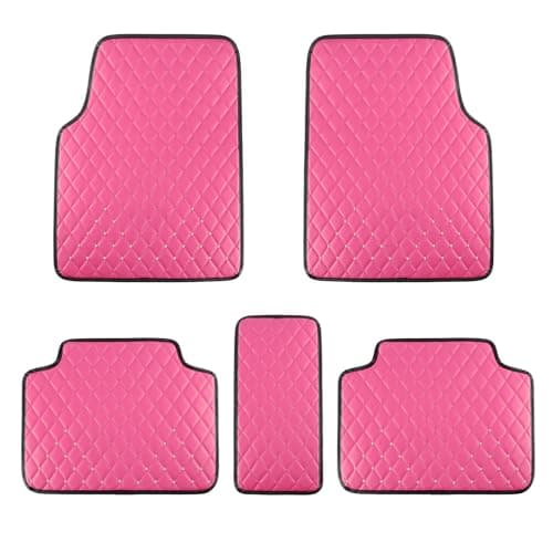 Image of All Weather Car Mats in PU Leather for Cars, SUVs and Trucks, 5-Piece Set (Front and Rear), Heavy Duty Protection Floor Cushions, Cute Pink Car Accessories