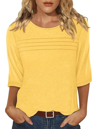 Image of KISSMODA Womens 3/4 Sleeve T Shirts Crew Neck Casual Blouses Cute Pleated Summer Tunic Tops Trendy Basic Tees Bright Yellow