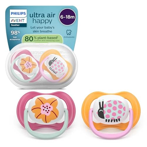 Image of Philips Avent Ultra Air Soothers - Orthodontic Design, for Babies 6-18 Months, Soft Silicone Symmetrical Teat, BPA-Free, with Sterilizing Case, 2 Pack, SCF080/27