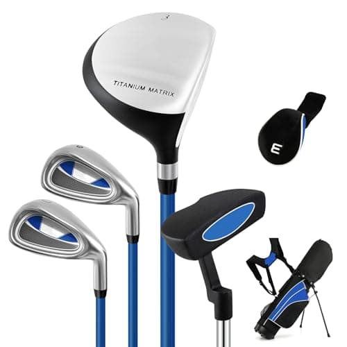 Image of COSTWAY Junior Golf Clubs Package Set with 3# Fairway Wood, 7# & 9# Irons, Putter, Head Cover and Stand Bag, Right Hand (Age 8-10, Blue)
