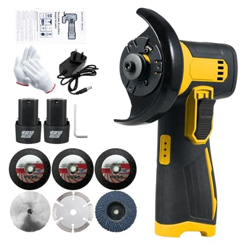 Image of Mini Angle Grinder, Weytoll 12V 19500RPM Cordless Brush Angle Grinder Include 6PCS Cutting Disc, Ginding Disc 3 Inch/76mm, with 2PCS 1300mAh Battery, for Cutting, Grinding and polishing -Yellow
