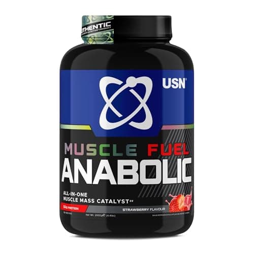 Image of USN Muscle Fuel Anabolic All-In-One Muscle Mass Gainer, Strawberry Flavour - 2kg, 54g Protein Powder, 5g Creatine Powder & 5g BCAA Powder For Maximum Muscle Growth, Post Workout Recovery Drink Mix