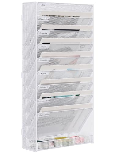 Image of EasyPAG 10 Tier Assemble A4 Mesh in Tray Hanging Wall File Holder Mail Organiser Magazine Storage Rack,White