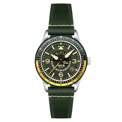 Image of AVI-8 Men's 40mm Flyboy Airmaster GMT Automatic Fuselage Green Watch with Leather Strap AV-4128-03
