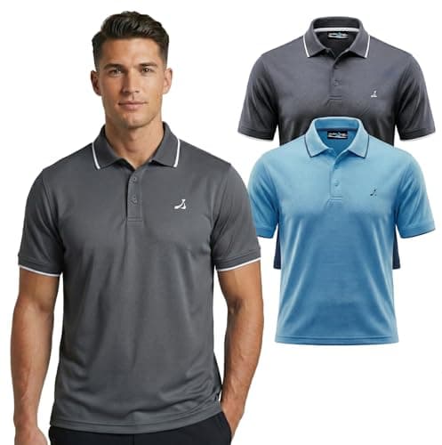 Image of Under Par 2 pack Men's Golf Polo Shirt with Stretch Breathable Fabric UV Protection Moisture Wicking Quick-Dry Short Sleeve Sports T-Shirt for Adult Running and Gym (pack of 2), Charcoal & Sky, M