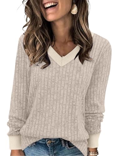 Image of Aokosor Ladies Jumpers for Women UK-V Neck Long Sleeve Tops Women Sweatshirt Basic Lightweight Ladies Tops Size 18-20 Beige XL