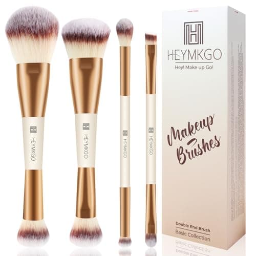Image of HEYMKGO Makeup Brushes Set, 4Pcs Double-ended Foundation Contour Powder Blush Concealer Eyeshadow Brush Set for Liquid, Cream, Powder for Blending Buffing Professional Face Brush Set Tools(Apricot)