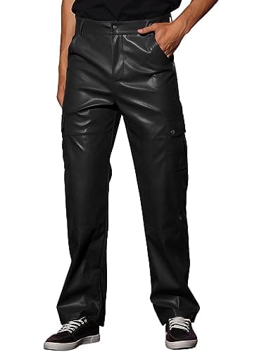 Image of Lars Amadeus Faux Leather Pants for Men's Slim Fit Hip Hop Motorcycle Cargo Punk Trousers Black 34