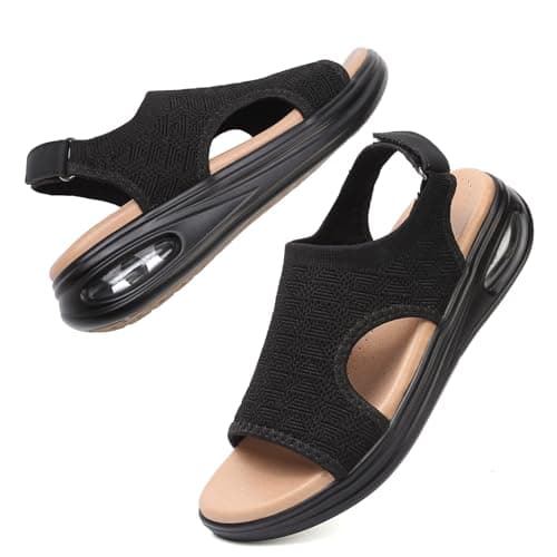 Image of TETSUO Womens Comfortable Summer Sandals Air Cushion Support Black Walking Sandals Breathable Knit Slingback Platform Dressy Sandal Shoes