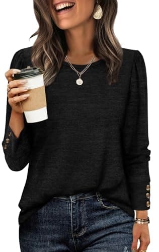 Image of WIHOLL Long Sleeve Shirts for Women Buttons Cuff Tunic Tops Ladies Casual Fall Lightweight Sweaters Fashion 2025 Black Top Size 10-12
