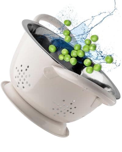 Image of Stainless Steel Mini Colander - Durable & Rust Resistant Drainer with Perforated Drainage Holes & Ergonomic Side Handles. Great Strainer for Pasta, Veggies & Fruits. 15cm Dia x 8.6cm. Oyster Colour