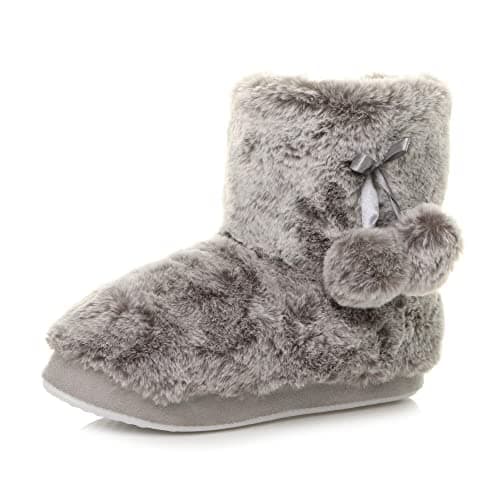 Image of Ajvani Womens Ladies Winter pom pom Fur Lined Knitted Ankle Slipper Boots Size, 6 UK, Grey Fur