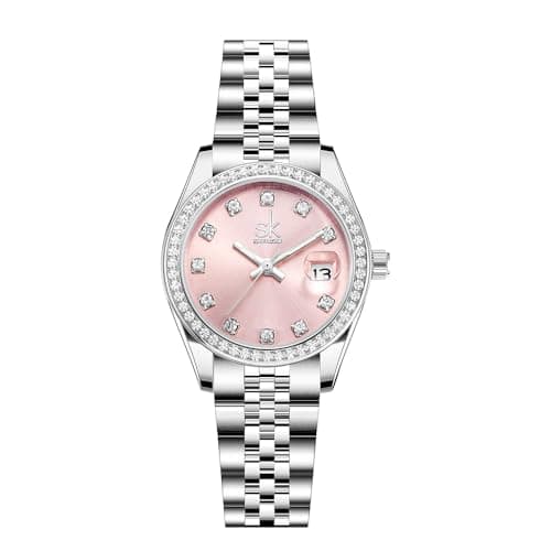 Image of SHENGKE Women's Crystal Accented with Solid Alloy Steel Band Watch Elegant Dress Quartz Calendar Watches for Women (Silver-Pink)