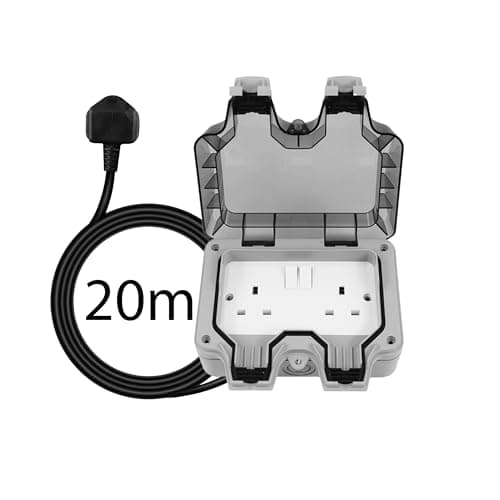 Image of Shine Planet Weatherproof Double Outdoor Socket - IP66 Waterproof Outside Garden Extension Lead Box - Switched Wall Electrical Outlet 13Amp 2 Gang Power Socket 3-20M (20M)