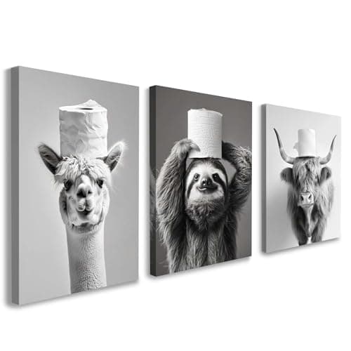 Image of Set of 3 Bathroom Wall Art, Funny Animal Canvas Decor, Black and White Sloth Highland Cow and Alpaca Artwork, Humorous Bathroom Prints for Toilet or Powder Room with Hooks and Magic Tape, 12x16 Inch