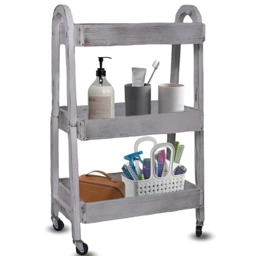 Image of Kersiki 3-Tier Wooden Rolling Cart- Wooden Utility Cart wit Wheels- Utility Rolling Cart-Storage Trolley Organizer- Rolling Kitchen Serving Cart for Office,Kitchen, Kids' Room (Retro Grey)