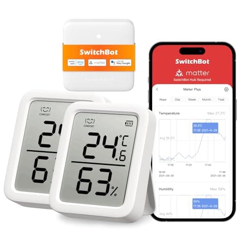 Image of SwitchBot Indoor Thermometer Hygrometer 2 Pack with Hub Mini Matter, Indoor Temperature Humidity Sensor with Smart Alert & 68-Day Data Storage, 3In Bluetooth Room Thermometer