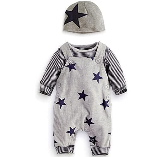 Image of SFreeBo Baby Boys' Outfits Baby Boy Clothes 0-3 Months Set 3pcs Cotton Long Sleeve Stripes T-shirt Top+ Star Pattern Pattern Dungarees+ Gray Hat