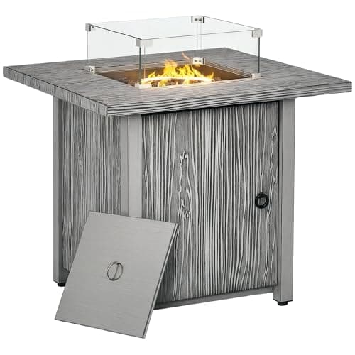 Image of Outsunny Propane Gas Fire Pit Table for Garden, 40000 BTU Smokeless Firepit Outdoor Patio Heater with Waterproof Cover, Glass Screen, Glass Beads and Lid, Wood Effect, 71 x 71 x 63cm, Grey