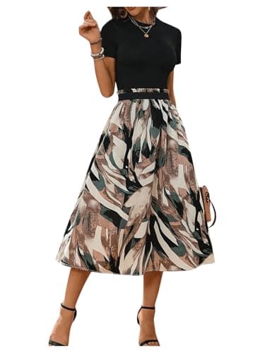 Image of SweatyRocks Women's Two-Piece T-Shirt and Skirt Set 2-Piece Crew Neck Short Sleeve Tops Midi Skirts with Flower Pattern Combination Two Piece Set with Belt, Green, S