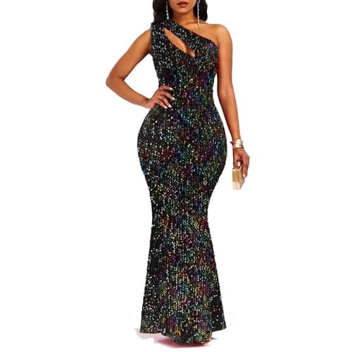 Image of VERWIN Sequins Fashion Sleeveless Oblique Collar Mermaid Women's Maxi Dress Bodycon Dress Party Dress M Multicolor
