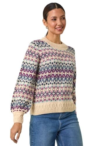 Image of Roman Fairisle Jumper for Women UK Ladies Stretchy Winter Autumn Sweater Casual Knit Knitwear Knitted Pullover Comfy Soft Thick Lightweight Dinner Party Office Work - Teal Multi - Size 10
