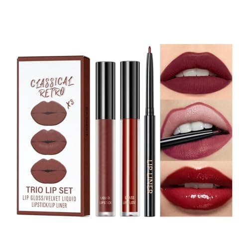 Image of Pack of 3 Matte Lipstick Lip Gloss Lip Liner Long-Lasting Highly Pigmented Waterproof Nude Lipstick 24 Hours Hold (#10, SET)