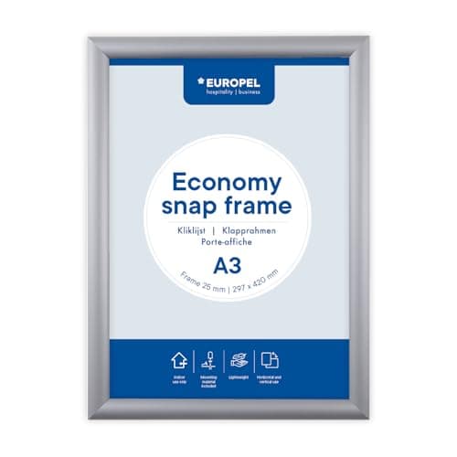 Image of Europel Economy Snap frame, A3, color silver, aluminum profile 25 x 11 mm, for posters 29.7 x 42 cm, anti-reflective film, display of advertising, menus, hotel, office, restaurant