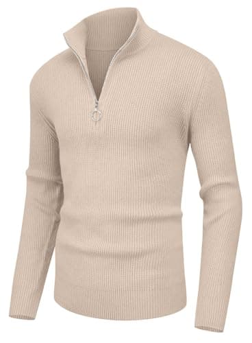 Image of Sailwind Men's Jumpers 1/4 Zip Polo Neck Sweaters for Men Long Sleeve Tops Ribbed Turtle Neck Quarter Zip Knitwear Pullover (Beige, M)