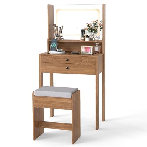Image of COSTWAY Small Dressing Table with Adjustable 3-Color LED Lights Mirror and Stool, 64cm Compact Bedroom Makeup Table Vanity Desk with Charging Station, Tempered Glass Top, Shelf & 2 Drawers (Natural)