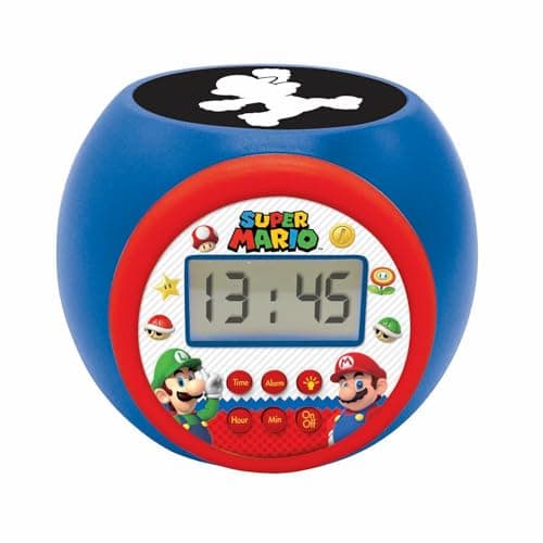 Image of LEXIBOOK, Nintendo Super Mario Projector alarm clock with snooze function and alarm function, Night light with timer, LCD screen, battery operated, RL977NI