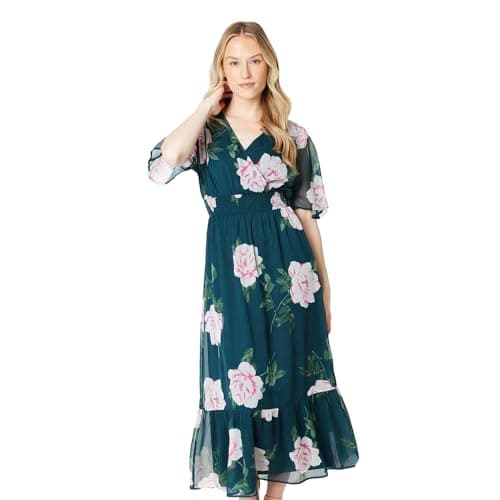 Image of Dorothy Perkins Floral Chiffon Shirred Waist Frill Hem Midi Dress, 8, Green