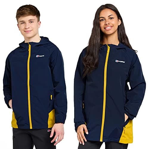 Image of Berghaus Kids' Bowood Waterproof Jacket with Adjustable Hood & Cuffs & 2 Zipped Pockets, Windproof & Breathable Raincoat for Boys & Girls (UK, Age, 14 Years, 15 Years, Regular, Navy/Yellow)