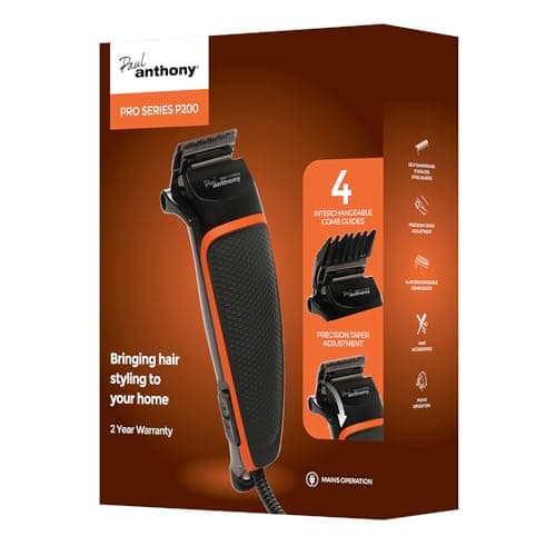 Image of Paul Anthony 'Pro Series P200' Corded Hair Clipper- Lightweight - Self Sharpening Stainless Steel Blades - 4 Interchangeable Comb Guides - Precision Taper - Powerful Quiet Motor - Black/Orange - H5124