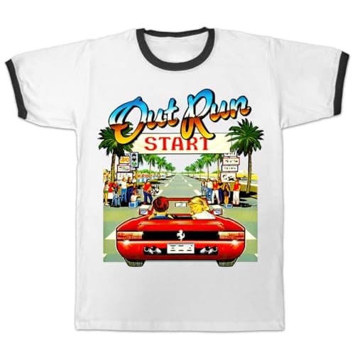 Image of Digital Pharaoh Outrun Retro Gaming Inspired Mens Ringer T Shirt 80s (UK, Alpha, M, L, Regular, Regular) White