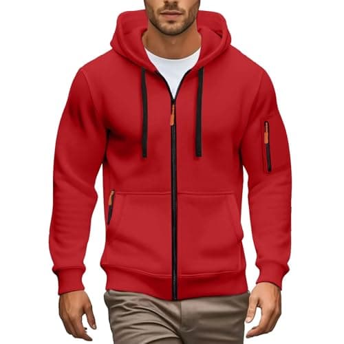 Image of Hoodies For Men Uk Full Zip Hoodie With Contrast Zippers Multi Pocket Breathable Soft Durable Tactical Outdoor Workout Casual Slim Fit Jumper Jacket (Red, XL)